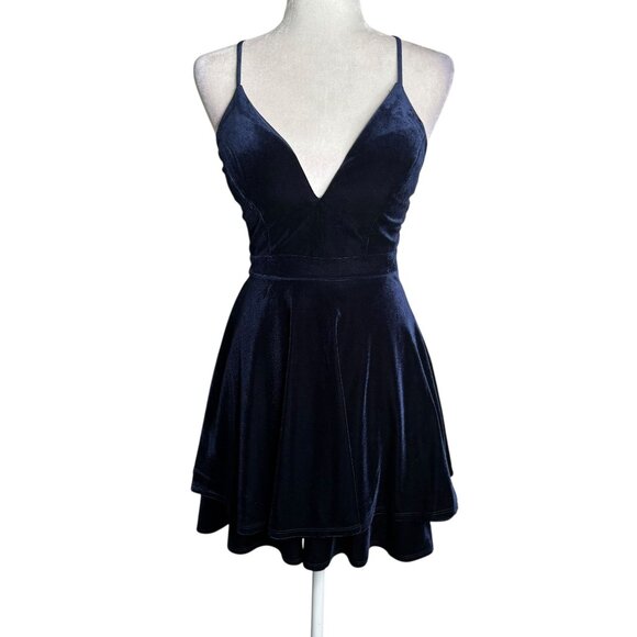 Honey & Rosie Dresses & Skirts - Lace Back Velvet Fit Flare Mini Dress XS Navy Blue Adjustable Straps Back Zip